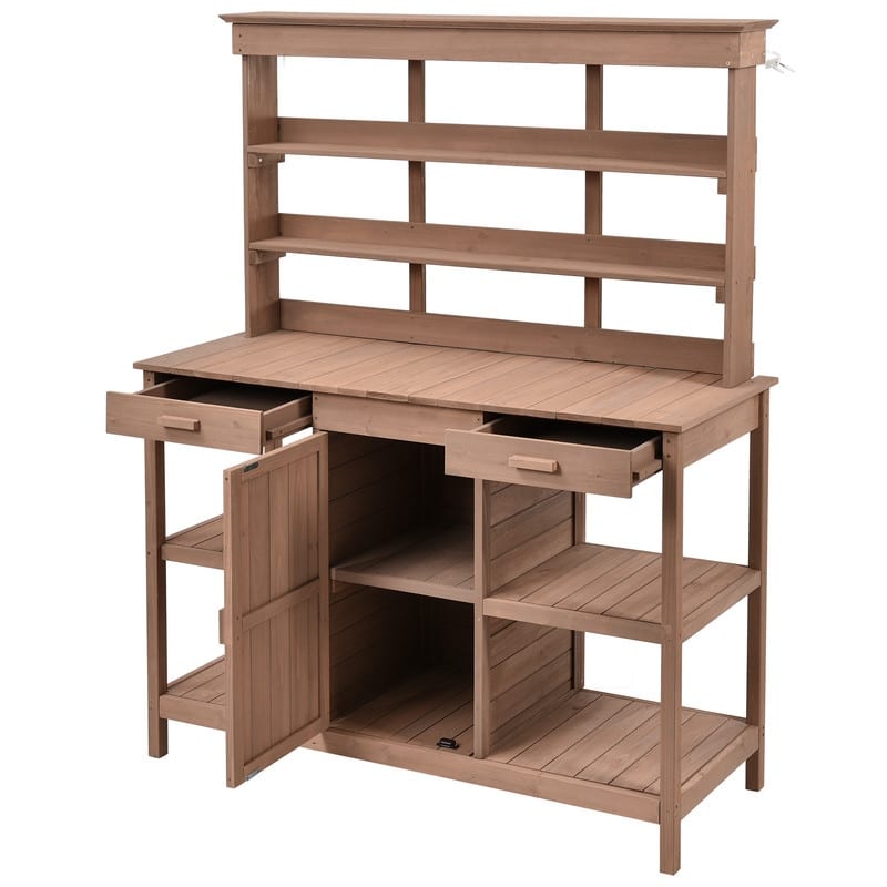 Outdoor Wooden Potting Bench Table, Farmhouse Garden Workstation W/2 Drawers