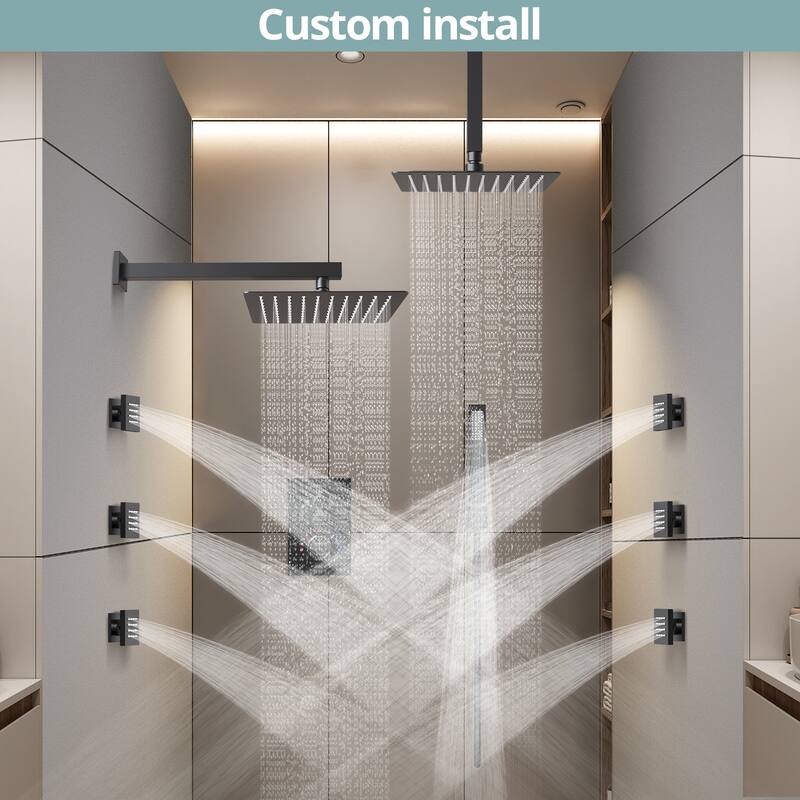 Dual Heads Thermostatic Shower System 12" Wall Rain Shower Head & 12" Ceiling High Pressure Shower Faucet with 6 Body Jets