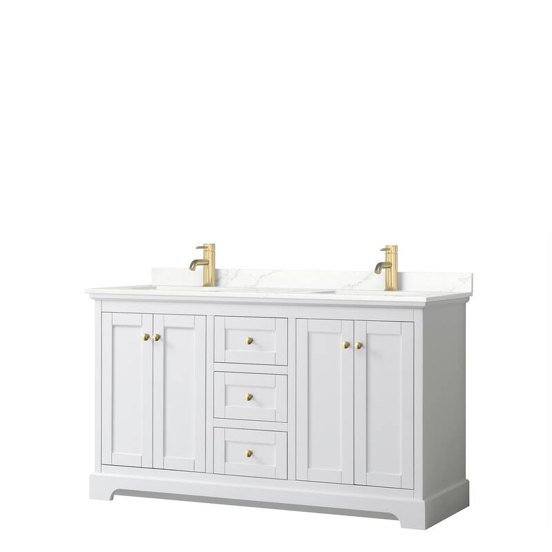 Avery 60-inch Double Vanity, Quartz Top - White, Gold Trim, Giotto Quartz Top