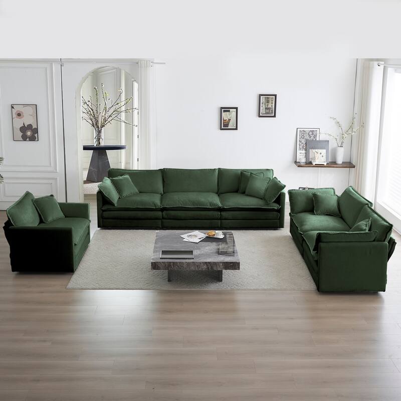 Modern 3 Piece Set Extra Deep Seat Sectional Sofa Set with Chenille Upholstery and Thick Cushions for Living Room and Guest Room - Green