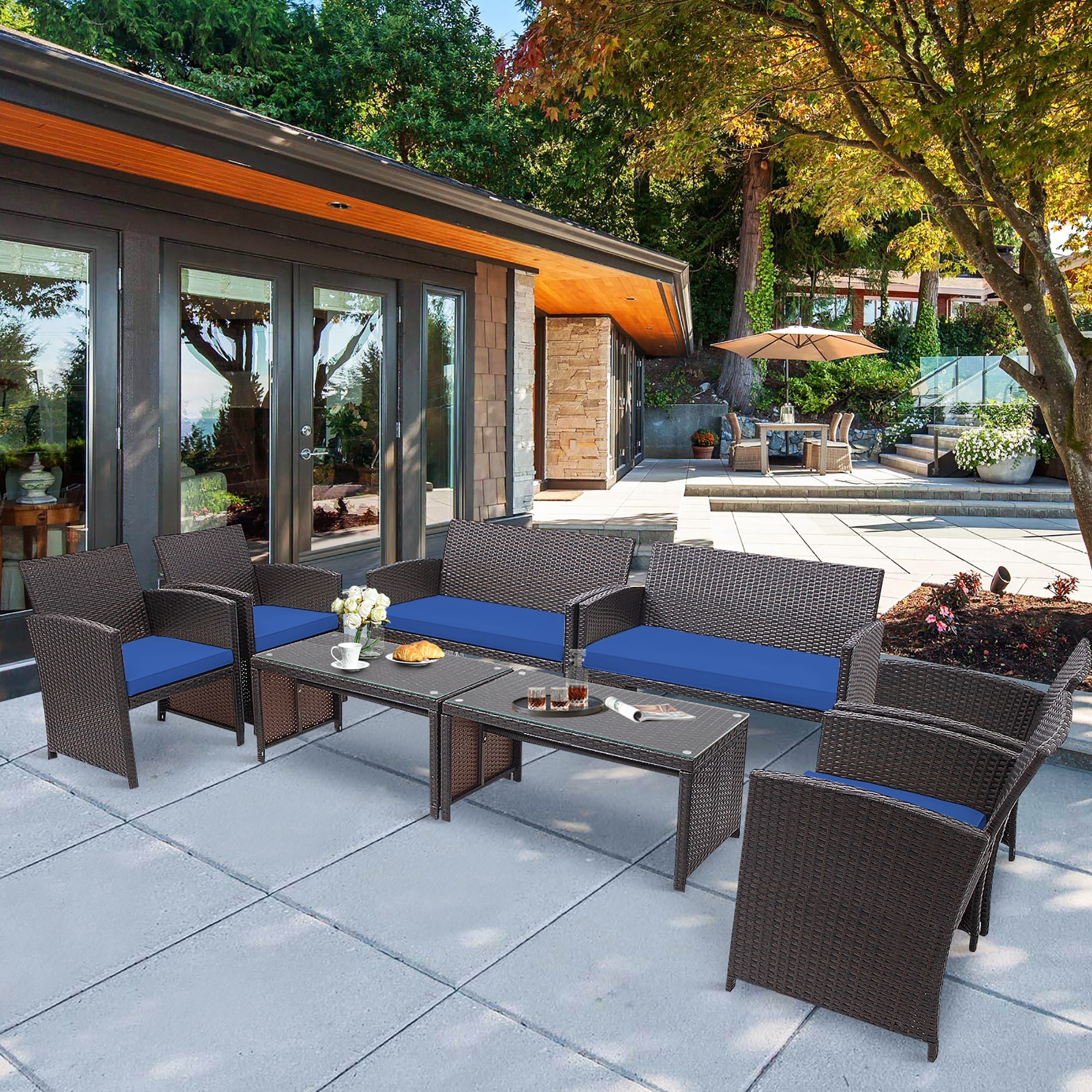 Costway 8PCS Patio Rattan Furniture Set Cushioned Chair Sofa Coffee