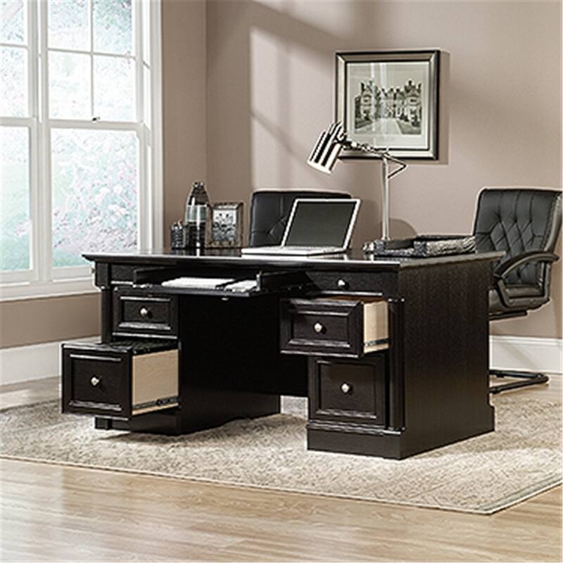 Executive Desk with 7 Drawers, Traditional Home Office Desk, Cord Management, Wind Oak Finish