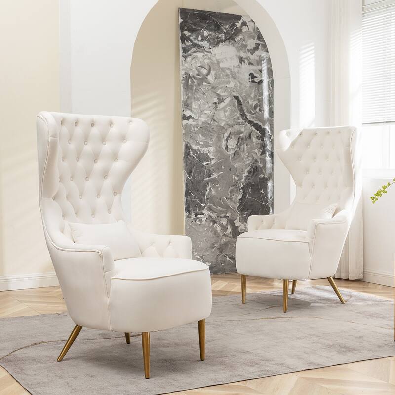 KINWELL Tufted High Wingback Accent Chairs Velvet Armchairs, Set of 2 - Beige