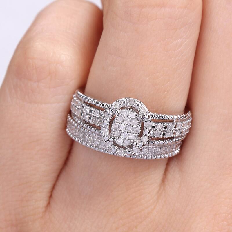 Miadora 1/3ct TDW Diamond Multi-row Clustered Halo Bridal Ring Set in Sterling Silver