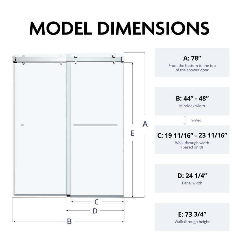 Glassic 44" - 48" W X 78" H Soft Closing Frameless Double Sliding Shower Doors with 3/8" Clear Tempered Glass