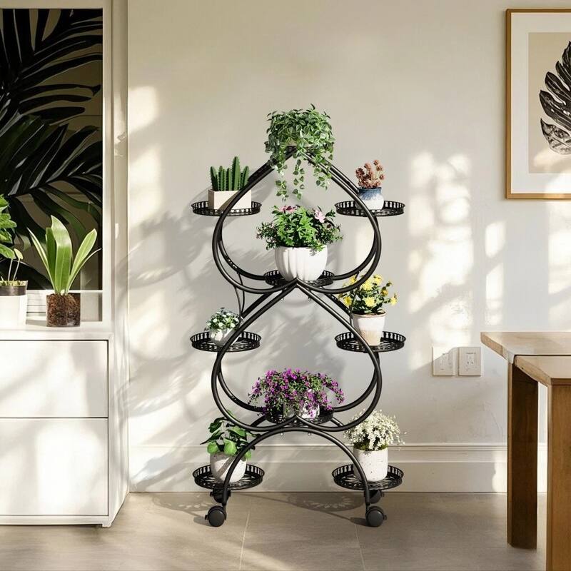 Iron Metal Plant Stand 9-Potted Flower Holder with Wheels Display Rack - 28.7x11.8x48.8 inch