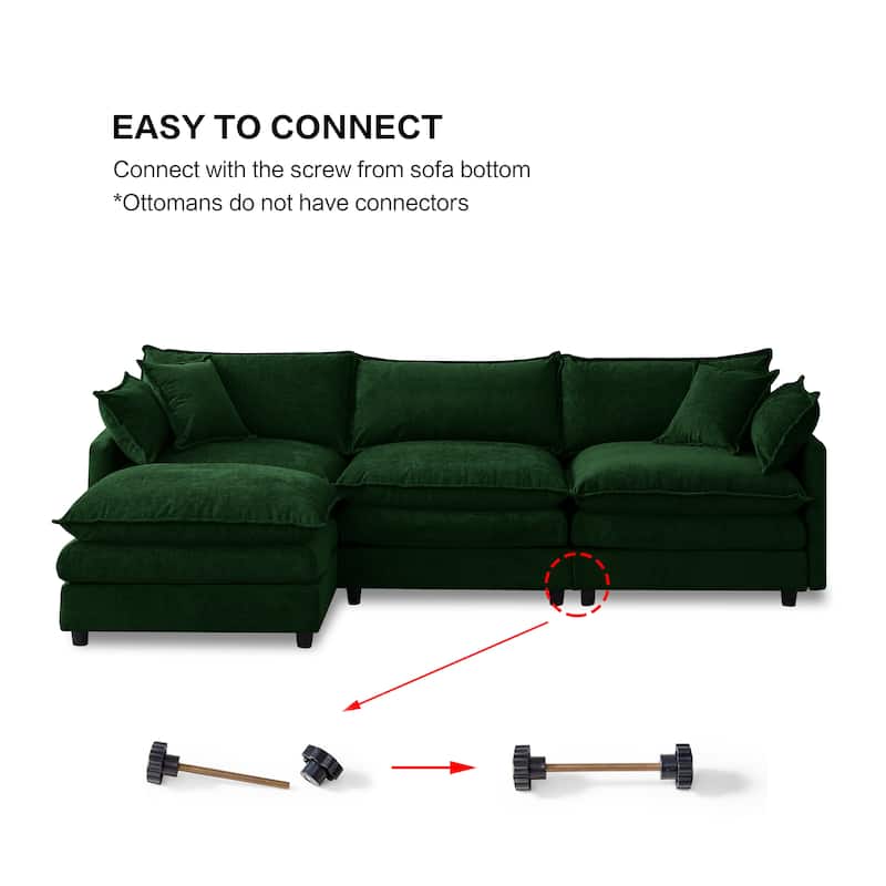 Chenille Upholstered L-shaped Sectional Sofa 3 Seater Modular Couch with Ottoman, Pillows and Double Layer Seat Cushions