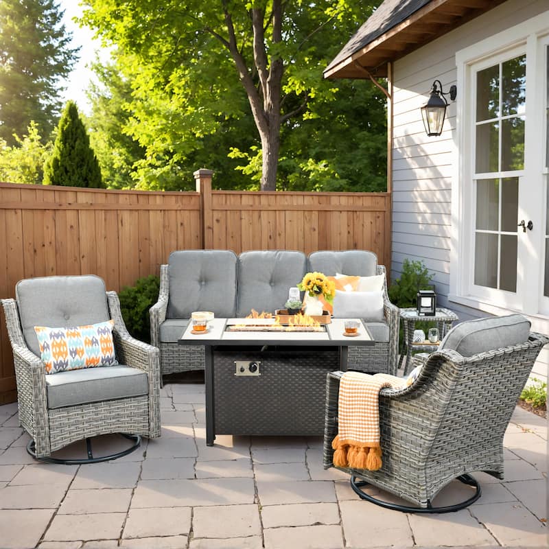 HOOOWOOO 5-piece Wicker Outdoor Furniture Swivel Chairs Set with Fire Pit