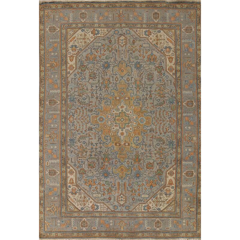 Grey Geometric Tabriz Vintage Persian Area Rug Handmade Wool Carpet - 8'1" x 11'3"