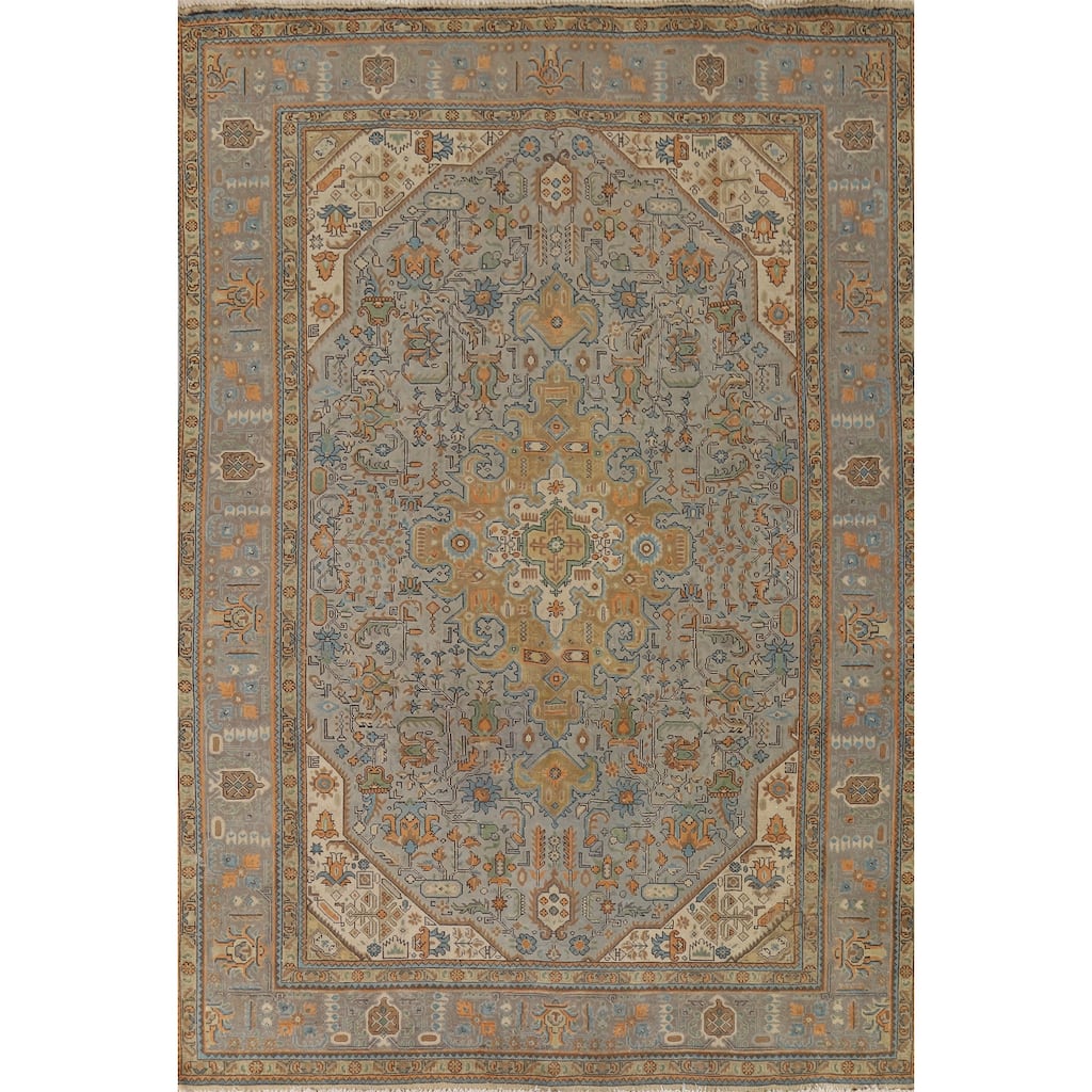 Grey Geometric Tabriz Vintage Persian Area Rug Handmade Wool Carpet - 8'1" x 11'3"