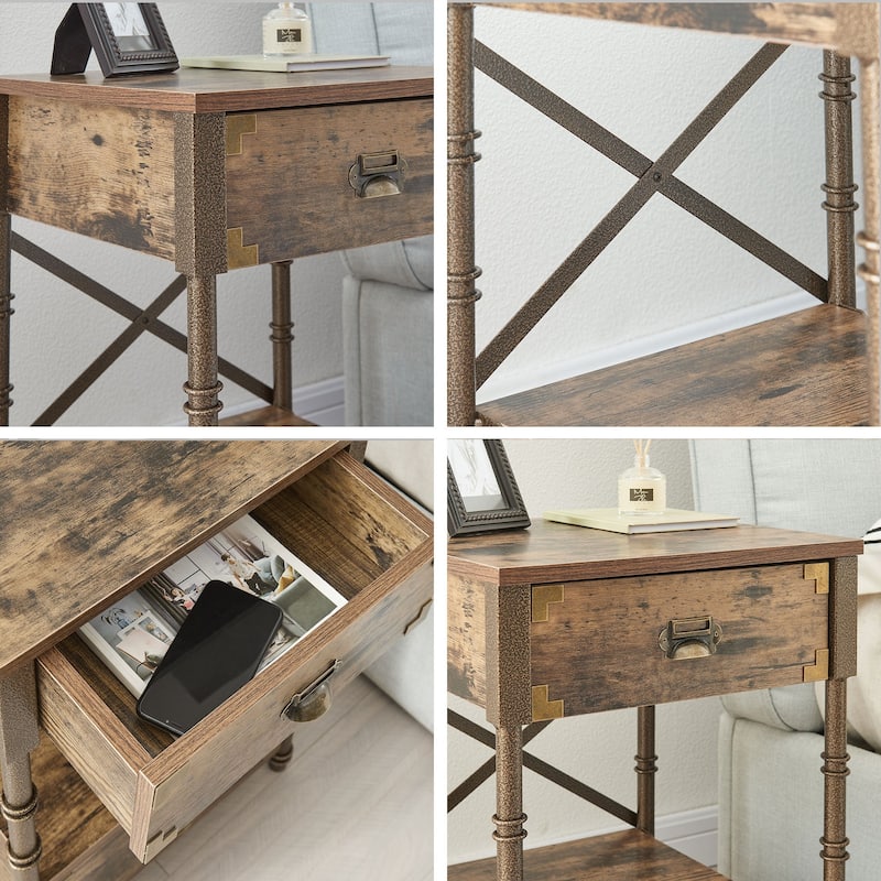 VECELO Vintage End Table with X-Back Bronze Frame 15.7" LW Antique Brown Double Drawer Nightstand for Bedroom Living Room