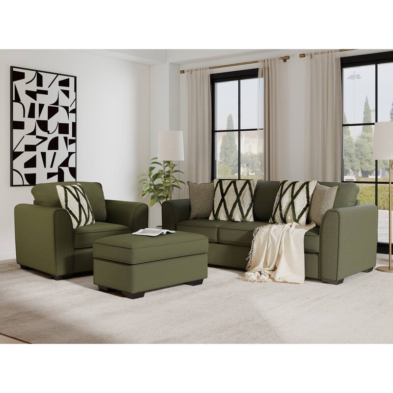 Roundhill Furniture Marvella 3-Piece Living Room Set, Sofa, Loveseat, and Chair with Mosswood Chenille Upholstery