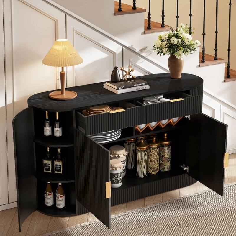 Modern 55.1" Sideboard Buffet Cabinet with 2 Curved Side Door and 2 Drawers for Living Room and Dining Area