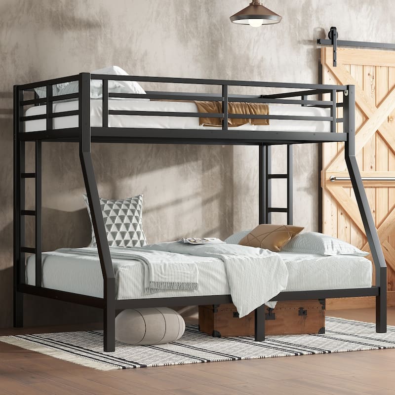 Roomfitters Metal Twin Over Full/Queen Bunk Bed Frame with Ladder & Safety Rail, Heavy-Duty Space-Saving Design, Black - Black - Twin