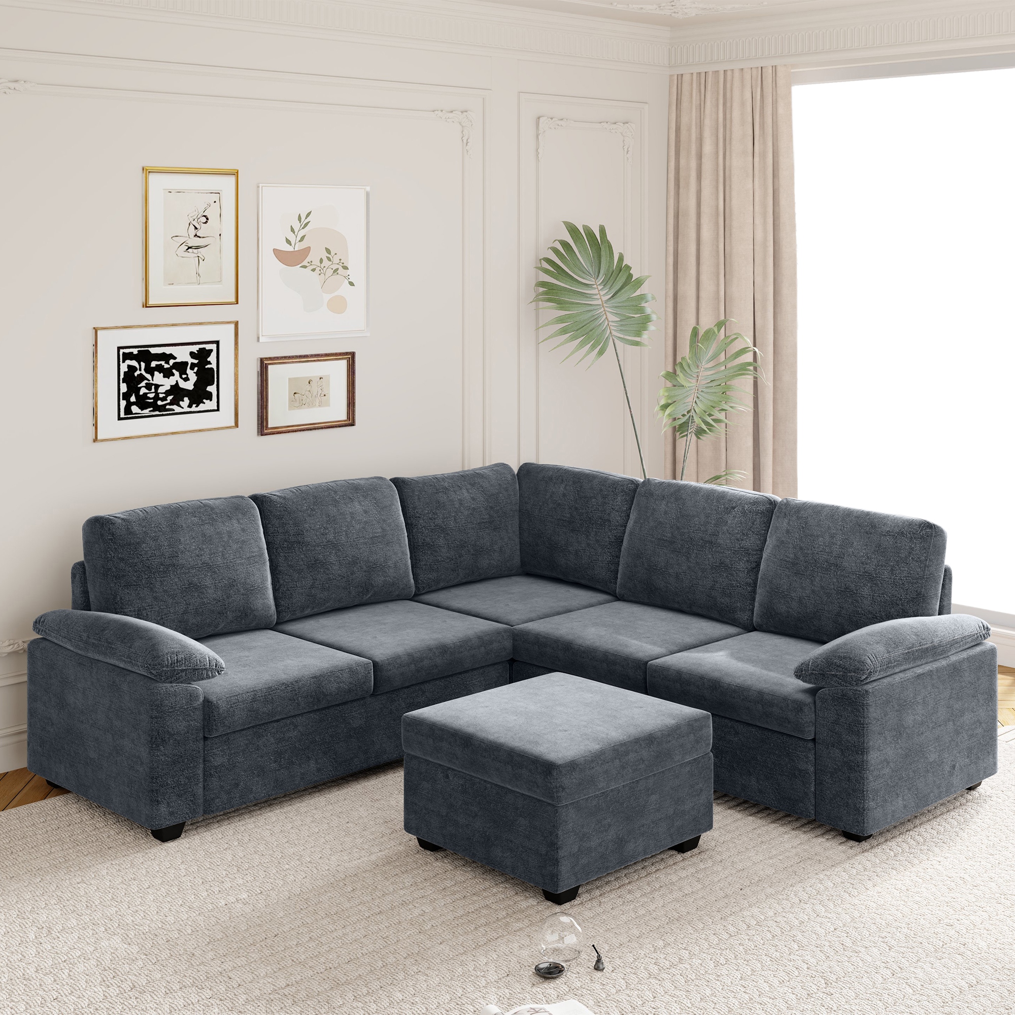 Gray 84 84 Velvet Corner Sectional Sofa with Ottoman Armrest Pillow Bed Bath Beyond 40821069