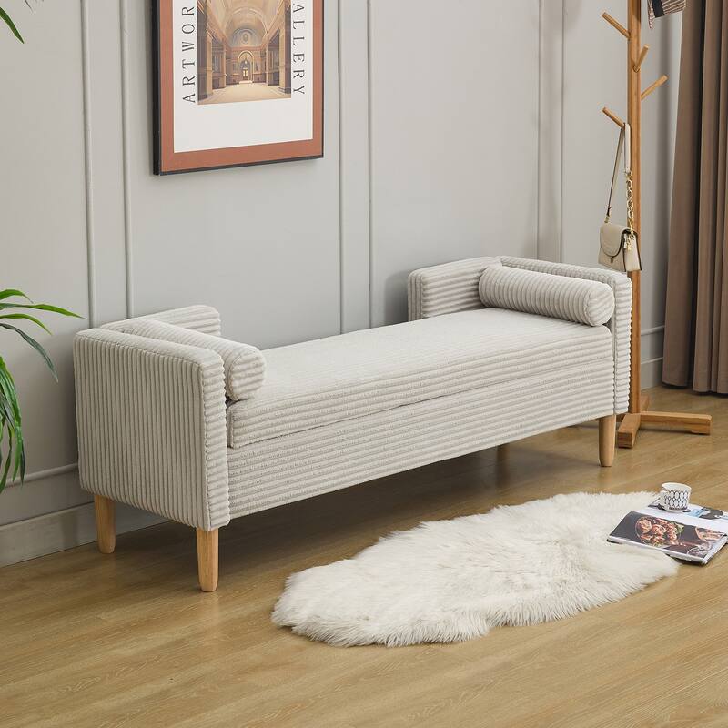 65.35" Corduroy Upholstered Storage Bench with Armrests & 2 Bolster Pillows