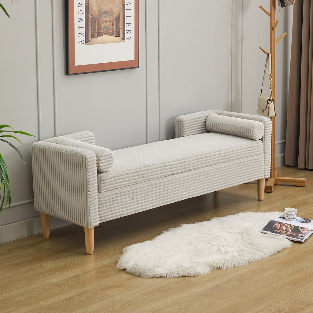 Corduroy Upholstered Storage Bench, Window Bench with Armrests, Backrest & 2 Pillows, Entryway Bench with Solid Wood Legs