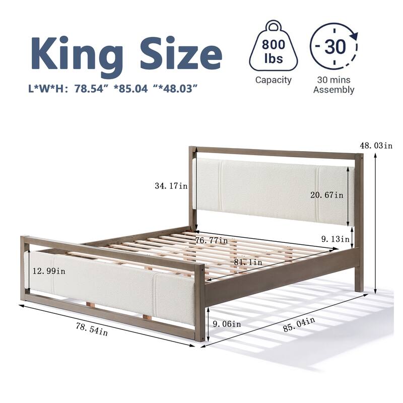 Queen/King Size Platform Bed, Solid Wood Bed Frame with Ivory Boucle Upholstered Headboard and Footboard, Wooden Slats Support