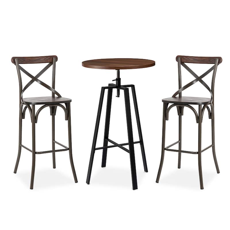 Glitzhome Industrial Modern Adjustable Bar Table Rustic Steel 3-Piece Pub Sets - Brown-1