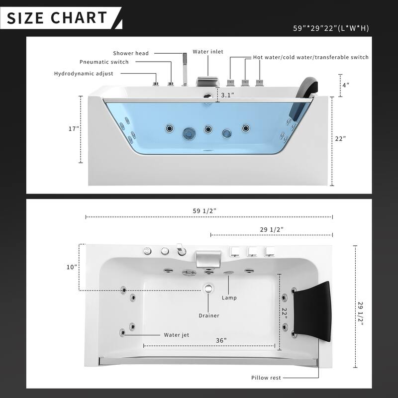 59 in. x 30 in. Alcove Whirlpool Bathtub Rectangular hydrotherapy Jetted Soaking Bath Tub with Center Drain in White