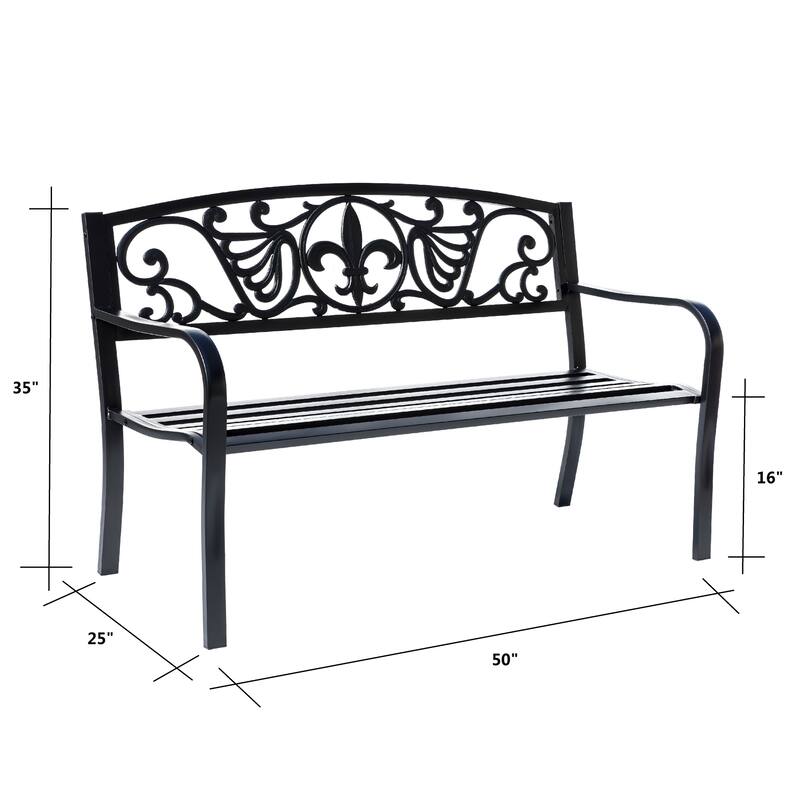 Ornate Backrest Outdoor Garden Bench with Curved Armrests - 50" - Black
