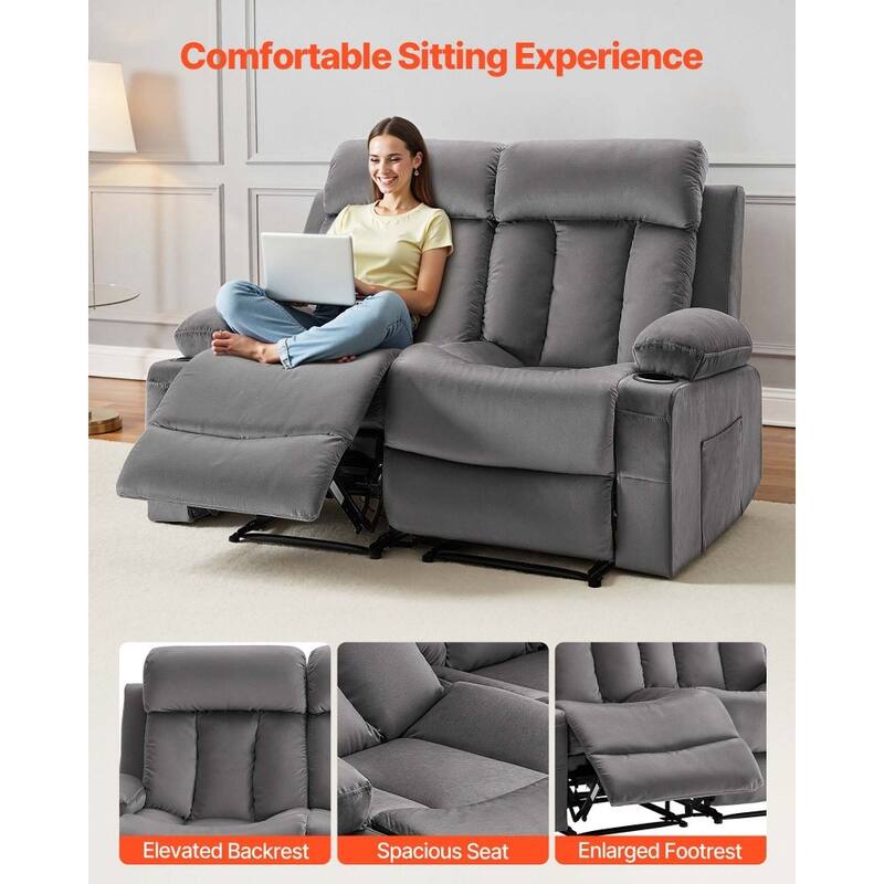 Grey Velvet Electric Recliner Loveseat with Massage, Heating and USB Ports - 61 x 35.55 x 42.13 in