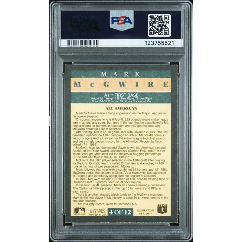 Mark McGwire 1991 Fleer Pro-Visions Signed Baseball Card #4 Graded PSA 8 Auto 10 Cert # 123755521 - 8' x 11'