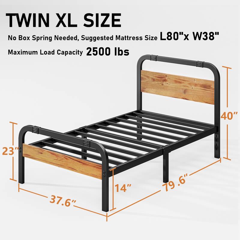 Heavy Duty Bed Frame with Wooden Headboard and Footboard, Noise-Free, Easy Assembly