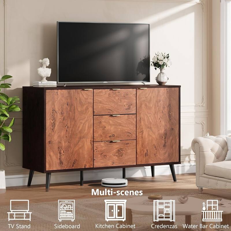 Sideboard Buffet Cabinet with 3 Drawers, Wooden Storage Cabinet with Burl Texture, Coffee Bar for Dining Room