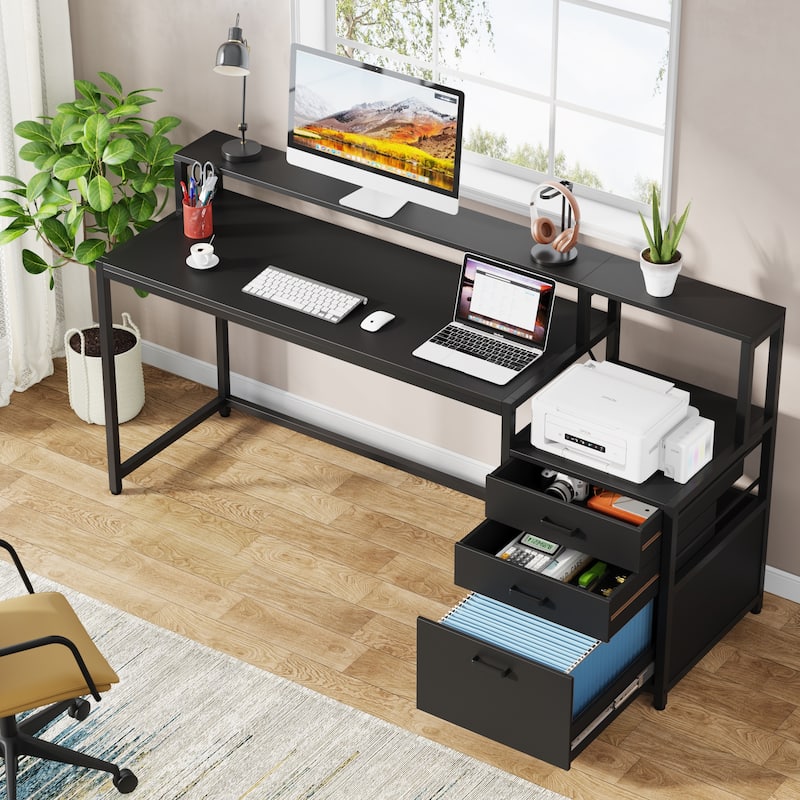 63" Computer Desk with Monitor Stand, Ergonomic Home Office Desks with Drawers File Cabinet
