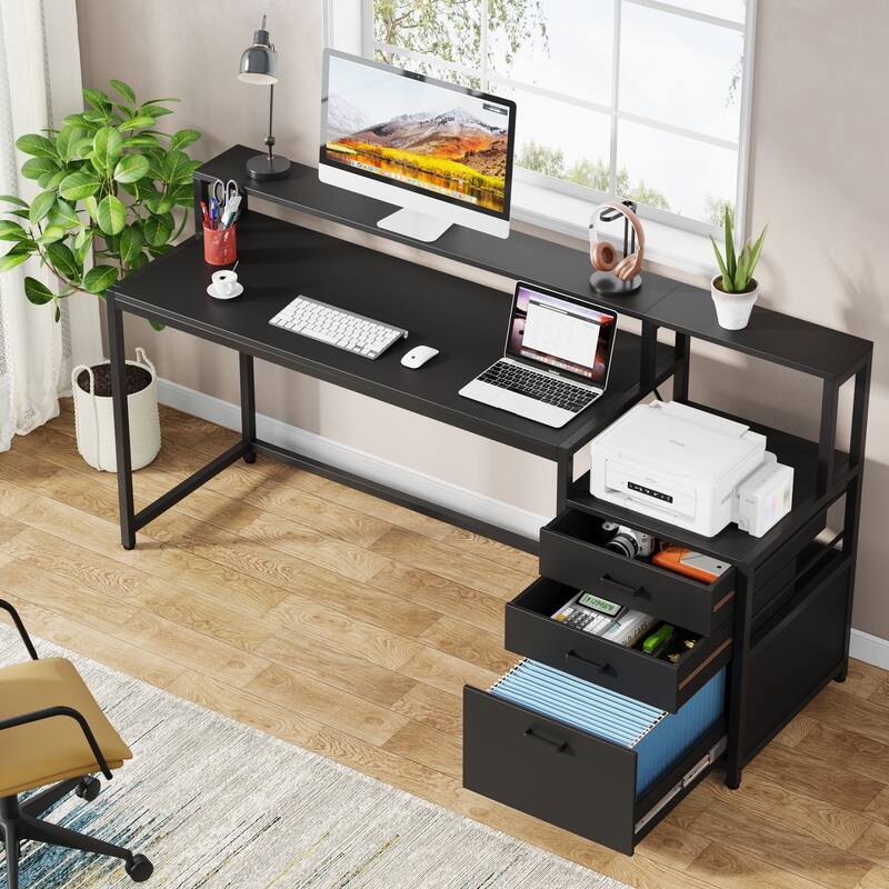 63 Inch Computer Desk with File Drawers, Ergonomic Office Desks with Monitor Stand