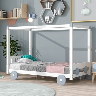 Modern Finish Style Twin Size Canopy Car-Shaped Platform Bed with Wheels and Slats