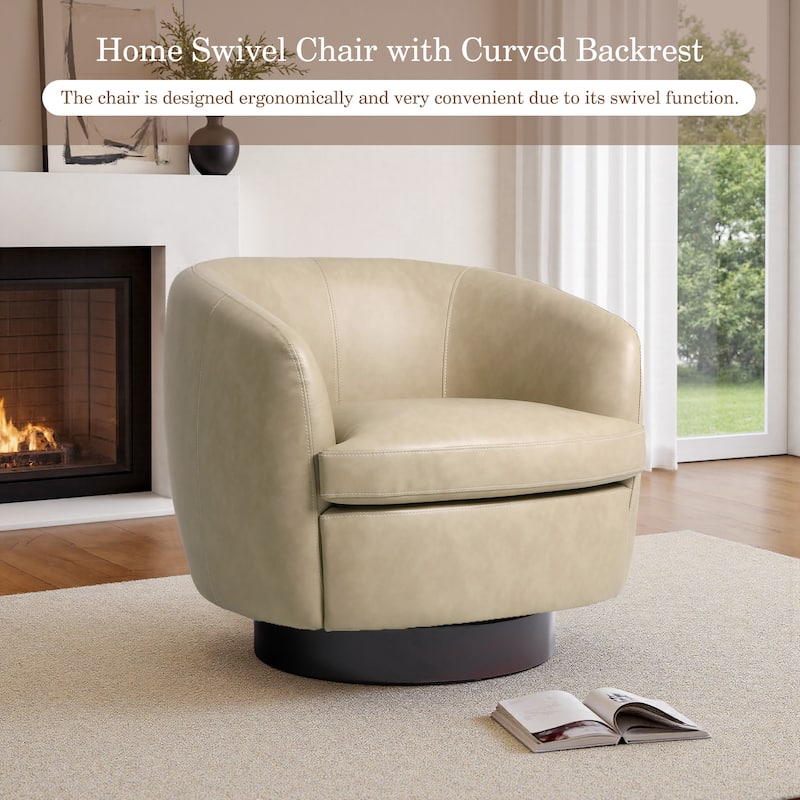 Leather Upholstered Swivel Barrel Accent Chair With Wood Base