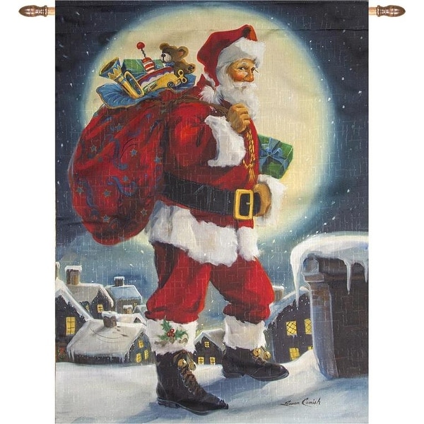 White and Red Santa Claus On the Roof Top Wall Hanging with Rod Insert 26" x 36" - N/A
