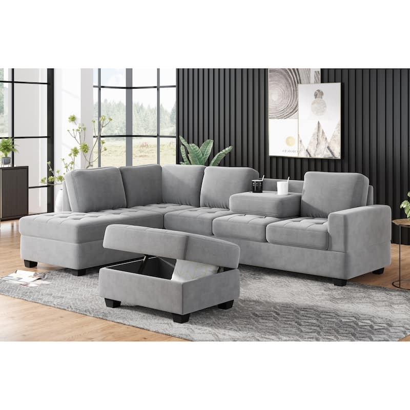 112-inch Modern L-shaped Sectional Sofa with Reversible Chaise, Storage Ottoman and Two Cup Holders - 112"W x 80"D x 33.7"H