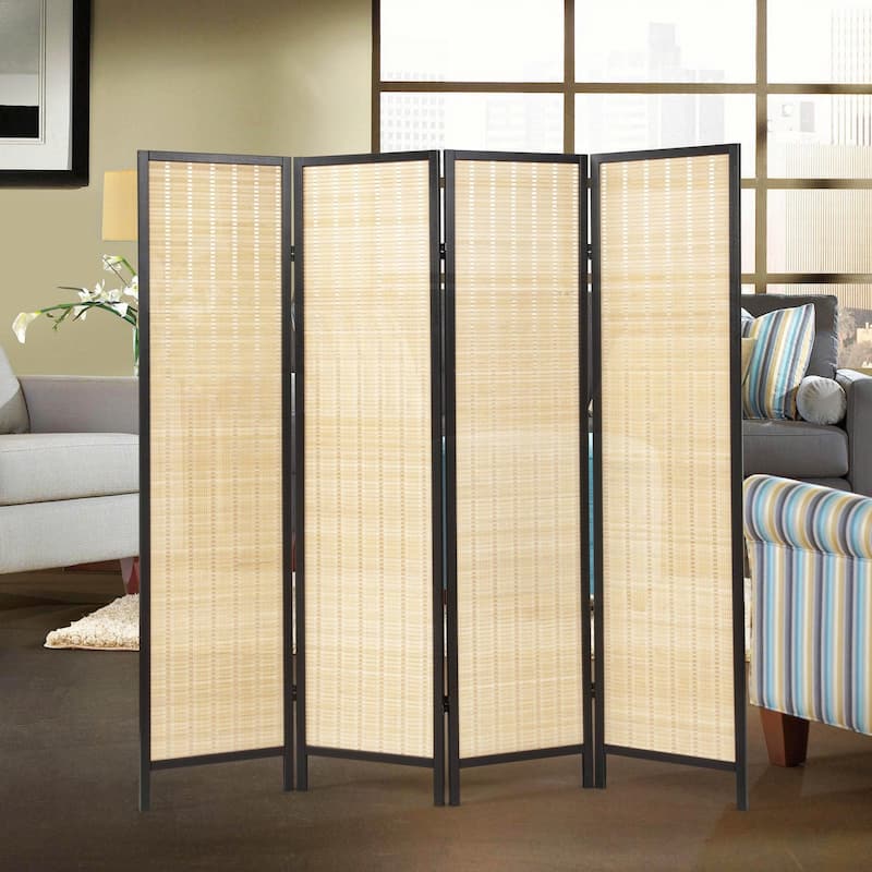 Roundhill Furniture Inkwell 4-Panel Bamboo Room Divider, Folding Portable Partition Screen - Natural with Black Frame