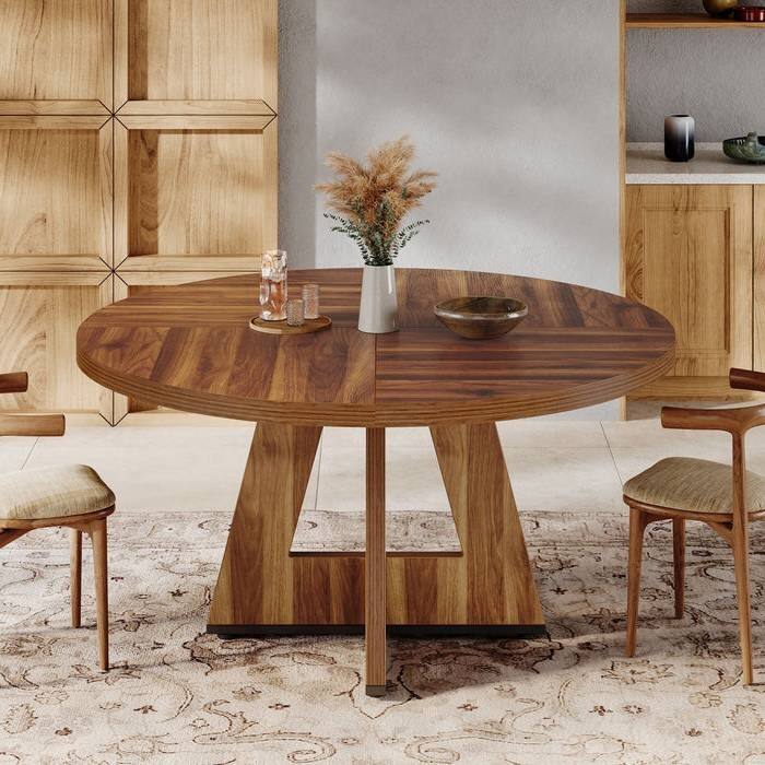 Farmhouse Retro Oak Round 47 Inch Wooden Kitchen Dining Table for 4 People - 47.25"D x 47.25"W x 29.5"H