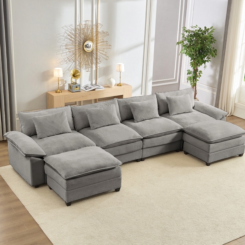 Modern 156''Oversized U-Shaped Modular Sectional Sofa with 2 Ottomans,6-Seat Cloud Couch,Chenille Sofa Sleeper Deep Seat Couches - Light Grey - 4+2
