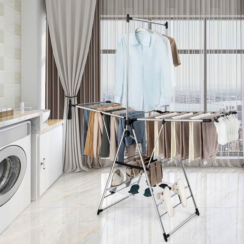 Costway 2-Layer Stainless Steel Foldable Drying Rack w/ Hanging Bar & - See Details