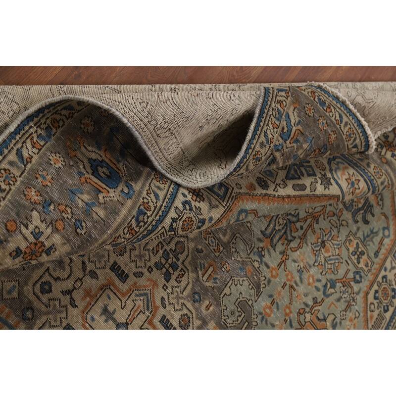 Green Geometric Tabriz Persian Area Rug Hand-Knotted Wool Carpet - 6'6"x 9'7"