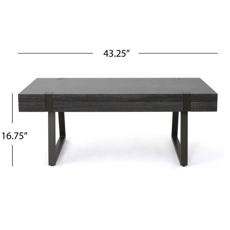Roomfitters Industrial Coffee Table, Modern Wood Living Room Center Cocktail Table with Metal Sled Legs and Accents, Black