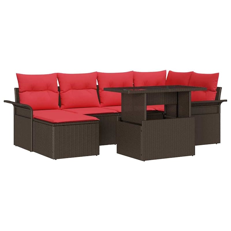 vidaXL 7 Garden Sofa Set with Cushions Black/Brown/Grey Poly Rattan - 95.5 x 52.2 x 27.2