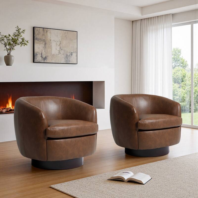 PU Upholstered Swivel Barrel Accent Chair With Wood Base (Set of 2)