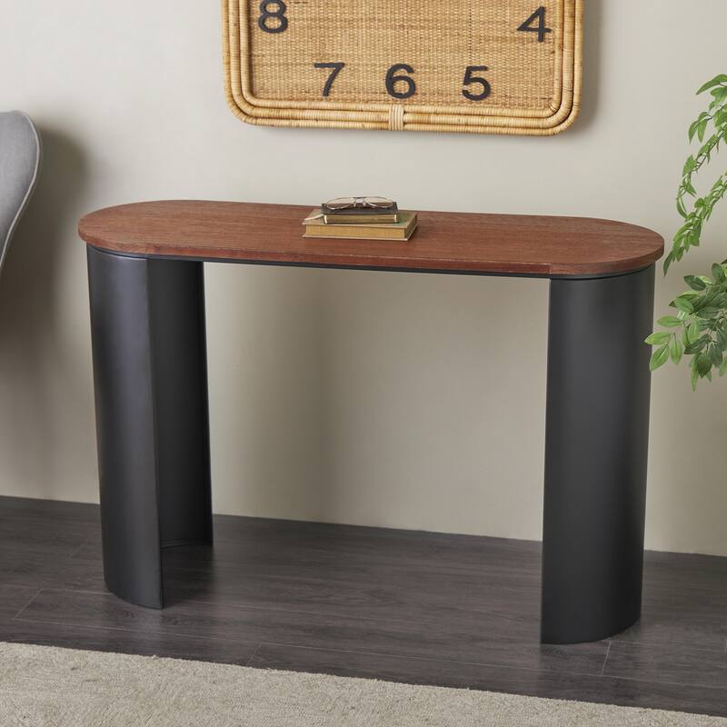 Black Metal Curved Support Console Table with Brown Oval Wood Top - Black - 47"W, 31"H