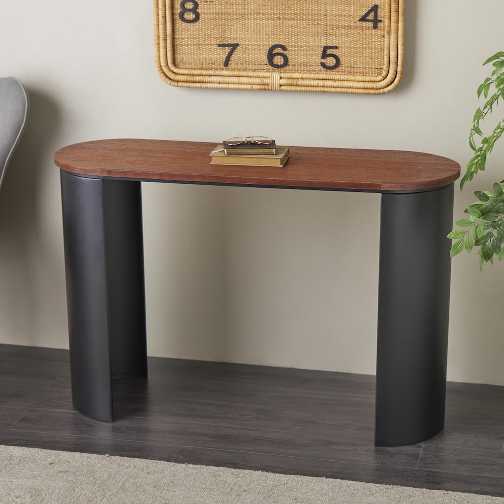 Black Metal Curved Support Console Table with Brown Oval Wood Top