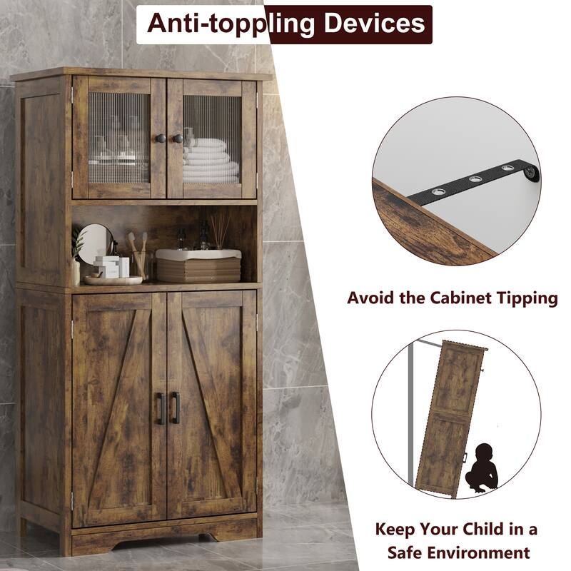 Kitchen Pantry Storage Cabinet with Glass Doors & Adjustable Shelves