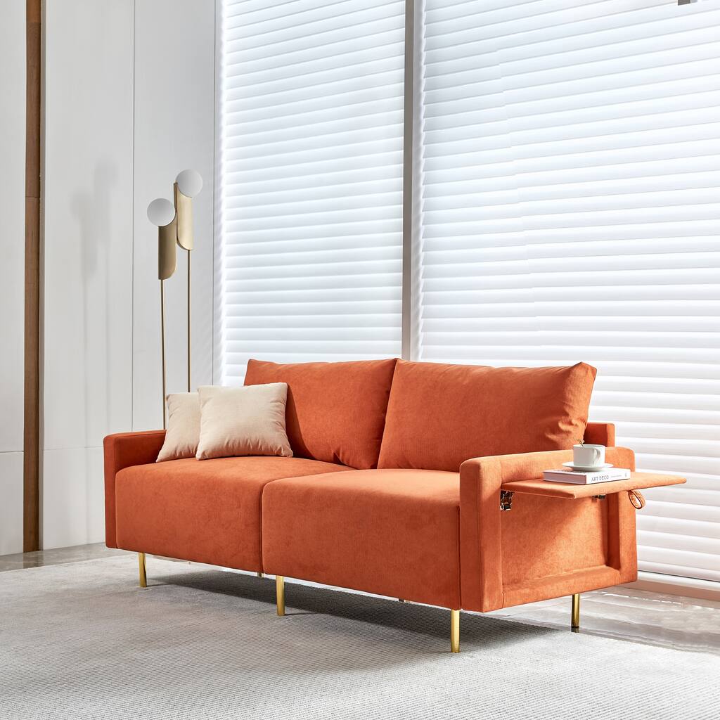 Orange Loveseat Straight Row Sofa w/ 2 Removable Trays & Toss Pillows