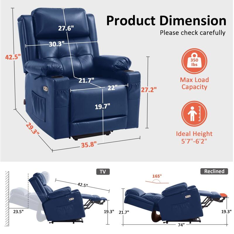 MCombo Lay Flat Dual Motor Power Lift Recliner Chair Sofa with Heat and Massage, Infinite Position, Faux Leather 7661