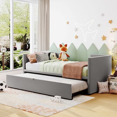 Twin to King Extendable Daybed Sofa Bed, Velvet Upholstered Platform Bed, Wood Panel Bed Frame with Pop Up Trundle Bed