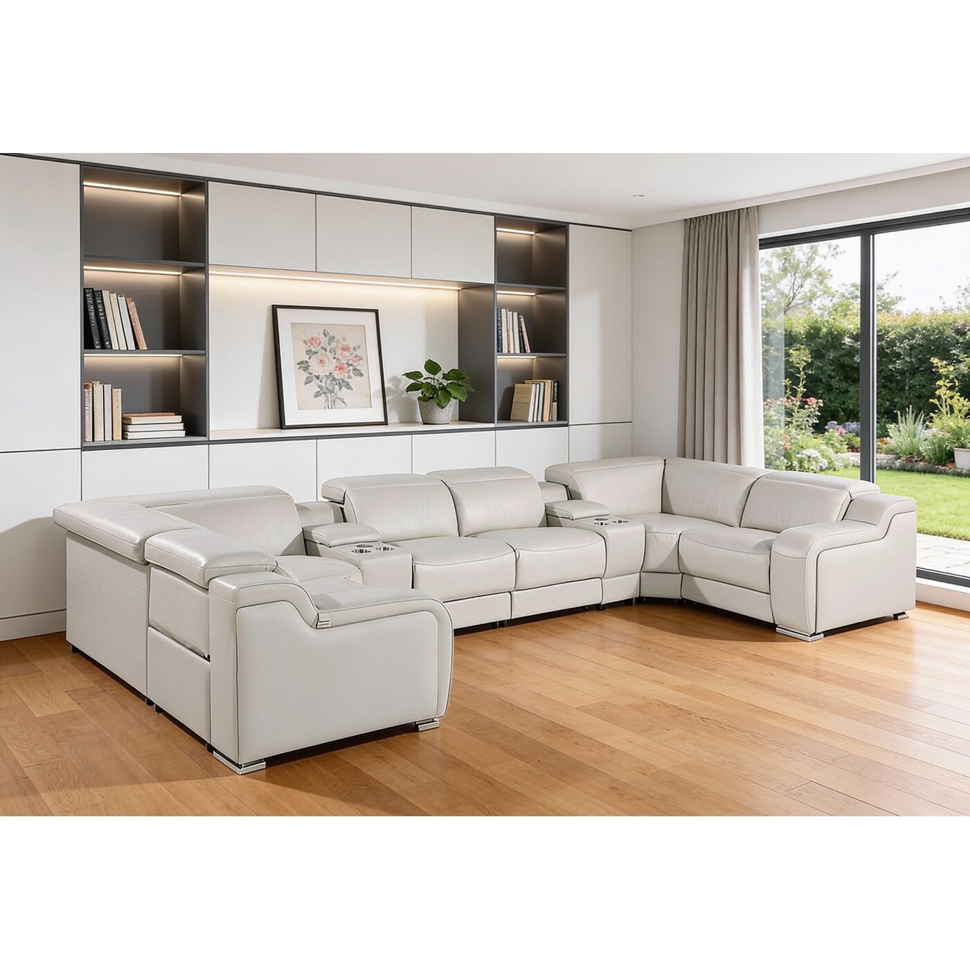 HomeRoots Light Gray Italian Leather Power Reclining U Shaped Eight Piece Corner Sectional With Console